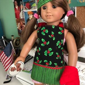 Festive Doll Christmas apron Outfit with Holly Print